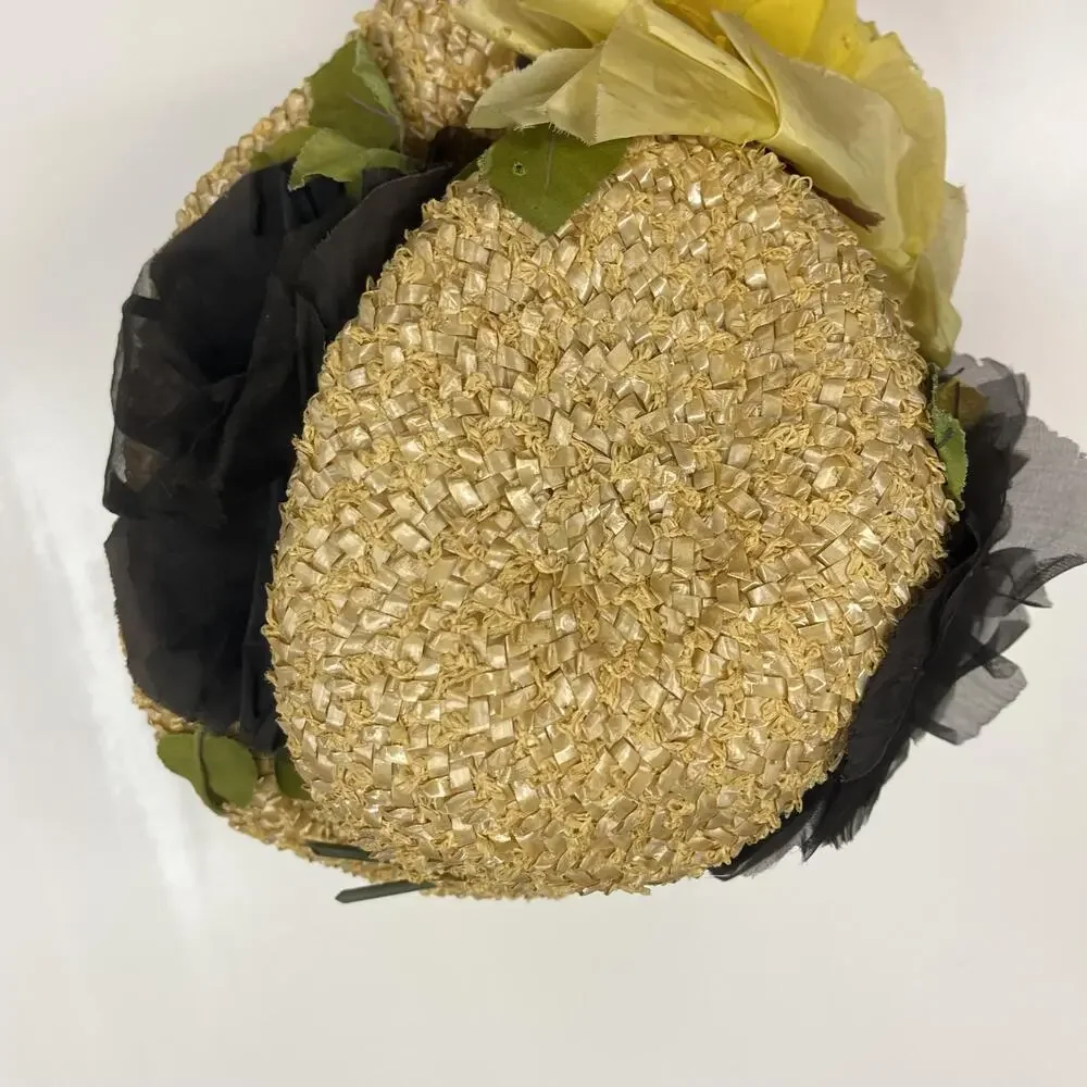 Vintage Mr Rickie Hat Cap Straw Floral Yellow Black Wide Brim Womens Spring 50s